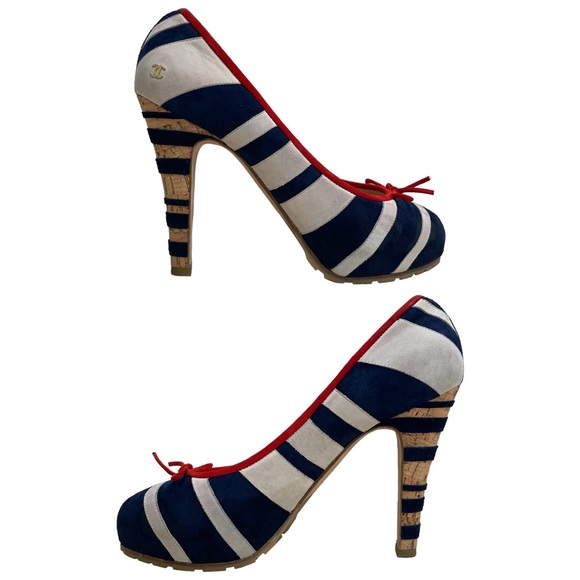 CHANEL Multicolor Suede CC Stripes Cork Heel Pumps EU 41 US 10 - Picture 4 of 14